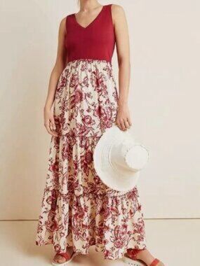 Maeve Anthropologie Red Floral Tiered Sleeveless Maxi Dress XS Petite